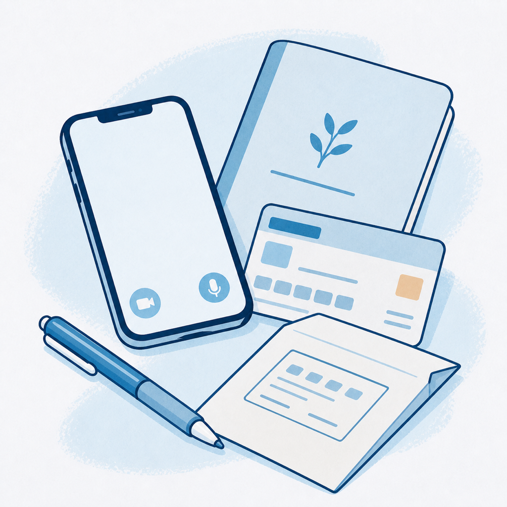 オンライン診療に用意する端末、保険情報、お薬手帳、ペン、資料